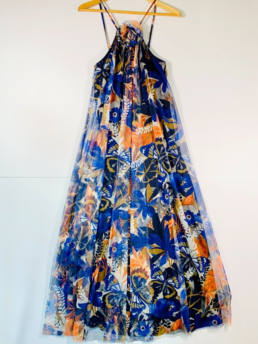 Candalite Floral Mesh Overlay Halter Neck Flowy Maxi Sundress Blue Orange Resort